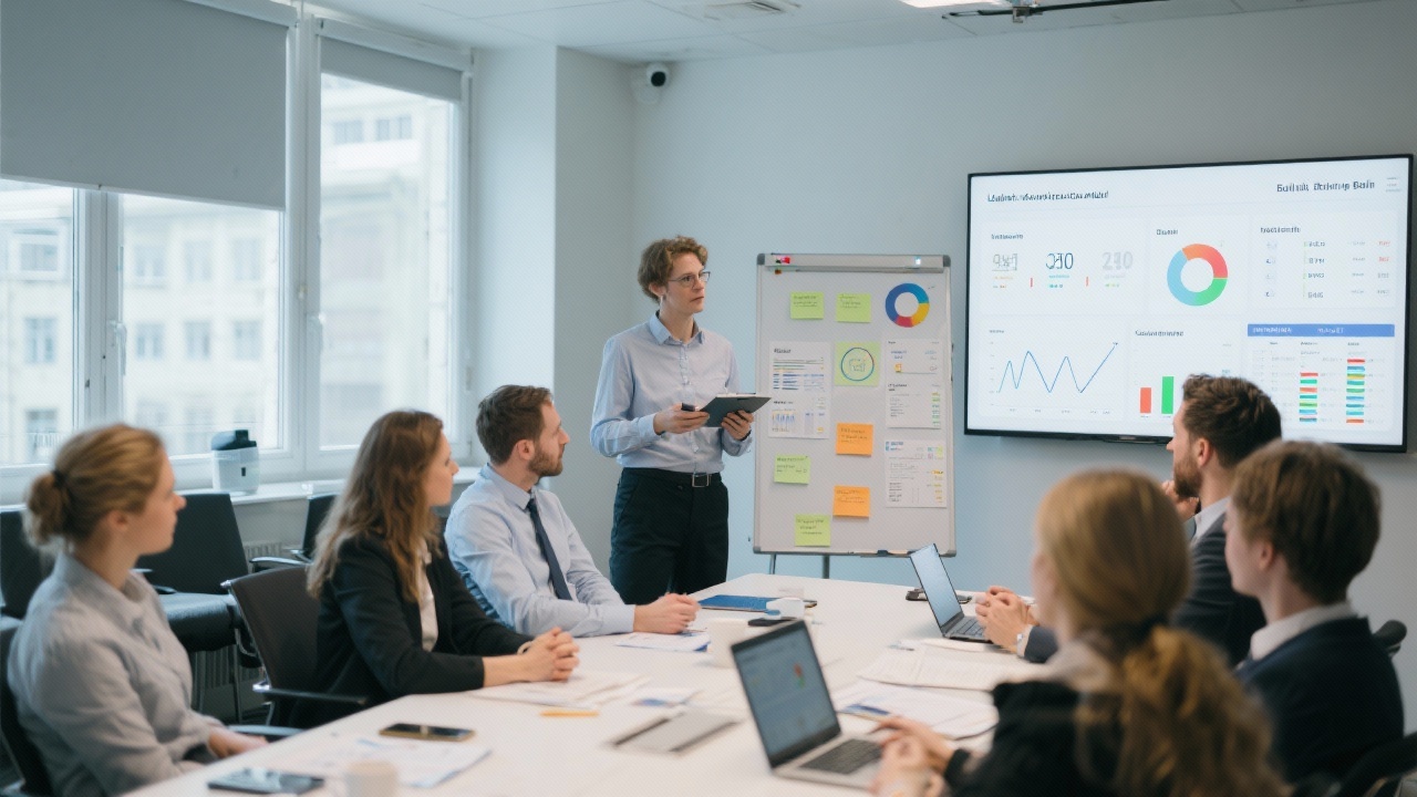 Legal consultants facilitating audit workshop with cross-functional corporate team using visual boards, analytics and compliance dashboards in Berlin meeting room