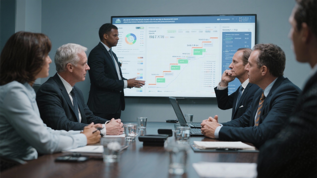 Executive legal strategy meeting with senior leadership and advisors evaluating compliance dashboards and risk mitigation roadmaps