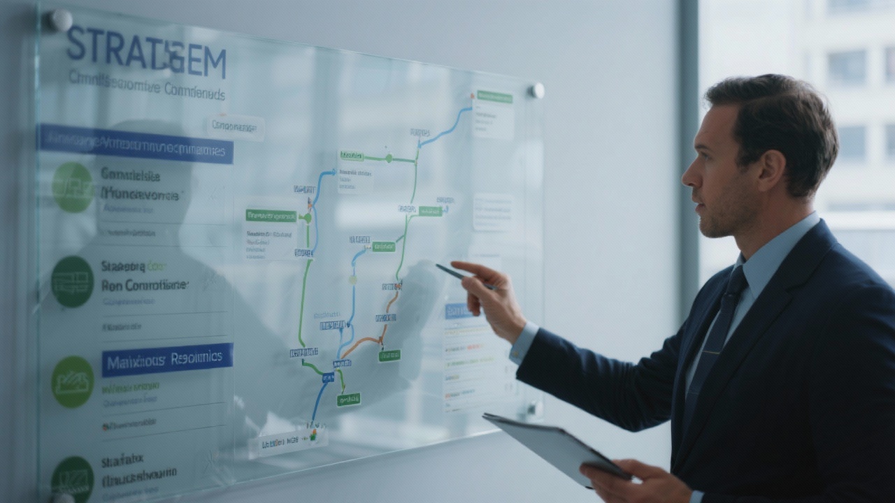 Legal consultant updating strategic roadmap on transparent board showing milestones compliance deliverables and stakeholder responsibilities