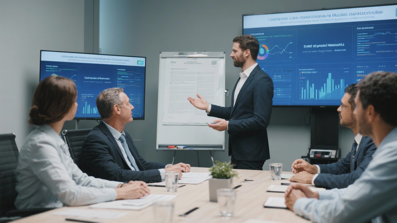 Corporate legal workshop where consultants discuss contract frameworks with operations managers using interactive boards and compliance analytics